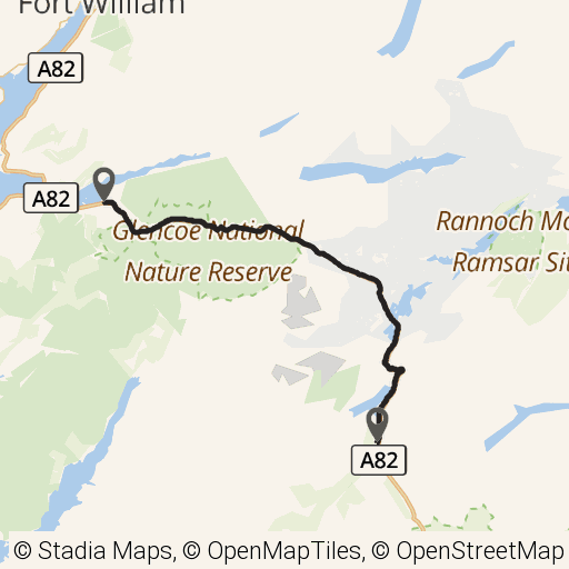 Map of Pass of Glen Coe route in Scottish Highlands