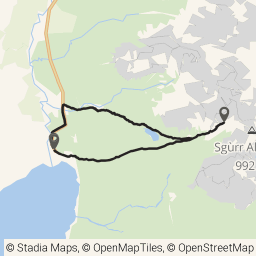 Map of Eas Mòr Waterfall and Coire Lagan route in Scotland