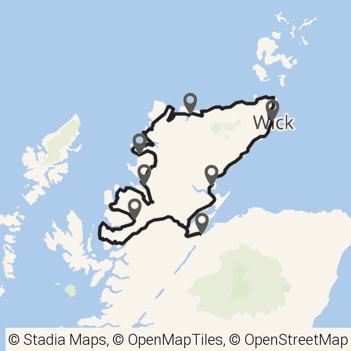 Map of North Coast 500 (NC500) route in Scottish Highlands