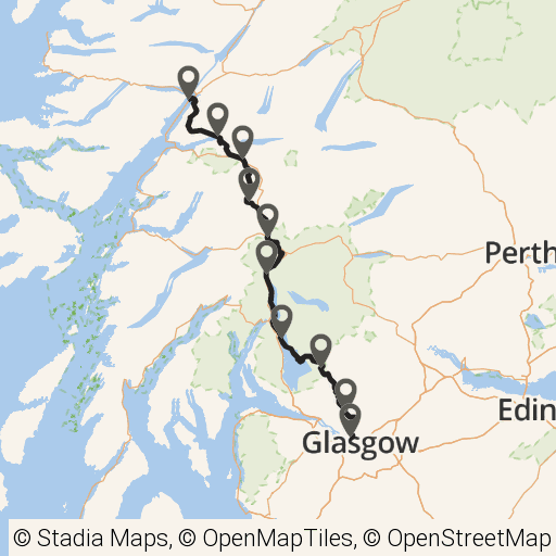 Map of West Highland Way via Glasgow and Kelvin Walkway route in Scotland