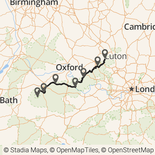 Map of The Ridgeway route in Southern central England