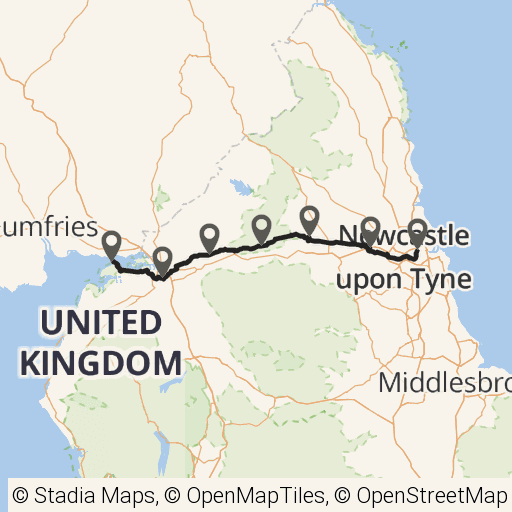 Map of Hadrian's Wall Path route in Northern England