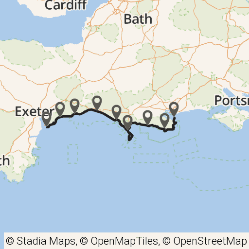 Map of The Jurassic Coast Path route in Southern England