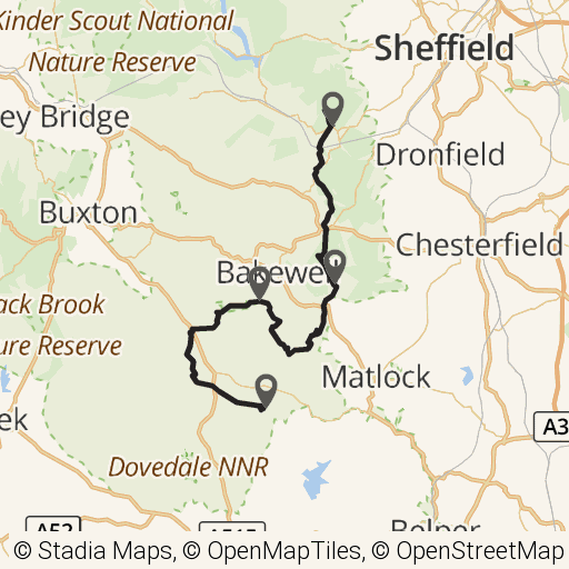 Map of Old Stones Way route in Peak District, England