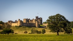 Alnwick Castle and surrounding countryside.